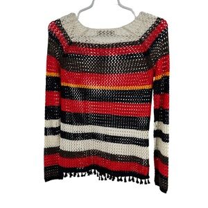 Amisu Colorful Striped open Knit crochet Sweater tassels fall coverup S neutral